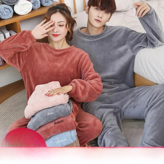 Thickened Fluffy Sleepwear Long Sleeve Men's Coral Fleece Pajamas Warm Home Clothes Set Loose Fit Outerwear in Autumn And Winter