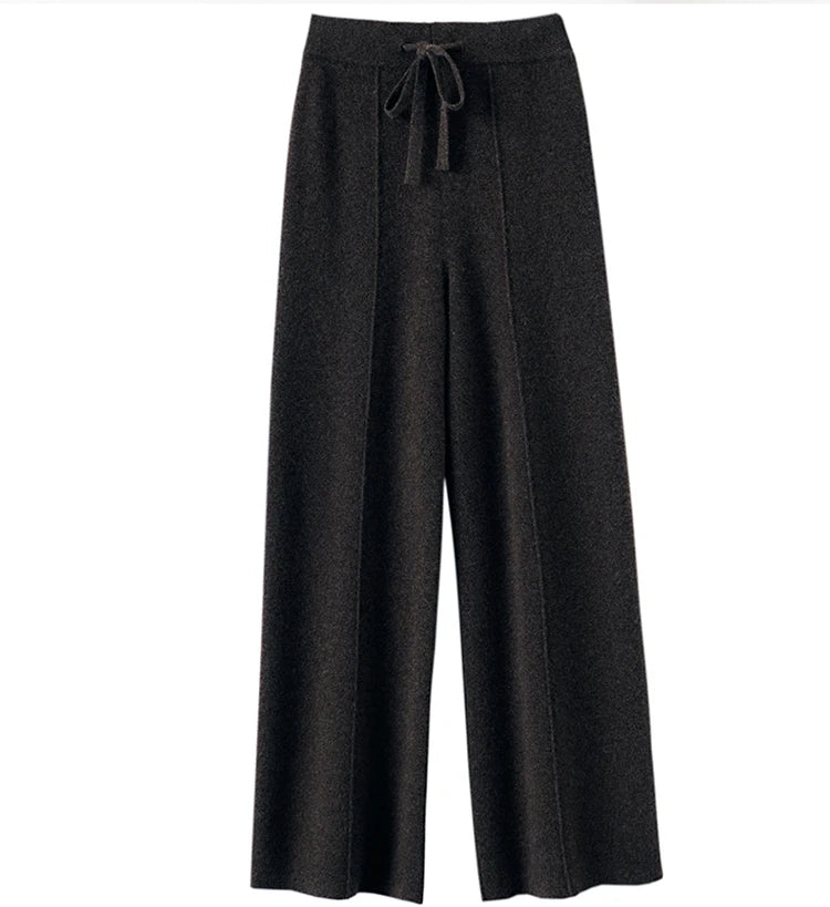 Autumn winter versatile cashmere wide-leg trousersfemale knitted high waist thickened straight tube wool trousers loose trousers
