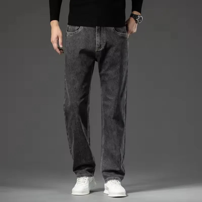 plus Size Men's Blue Straight Loose Jeans 40-44 Cotton Stretch Denim Casual Business Pants for Autumn