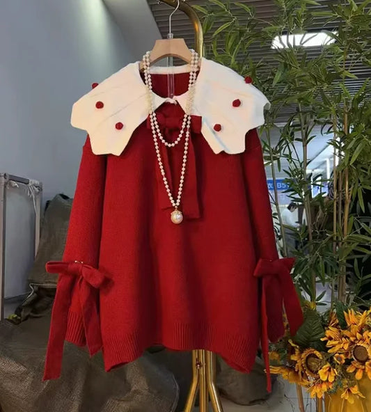 Large Size Women Three-dimensional Bow Sweet Peter Pan Collar Knitted Top Fashion New Red Versatile Long Sleeve Loose Sweater