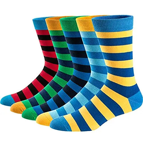 5Pairs Mens Fun Dress Socks, Pattern Funny Socks Pack, Colorful Striped Combed Cotton Novelty Socks,Cool Breathable Casual Socks