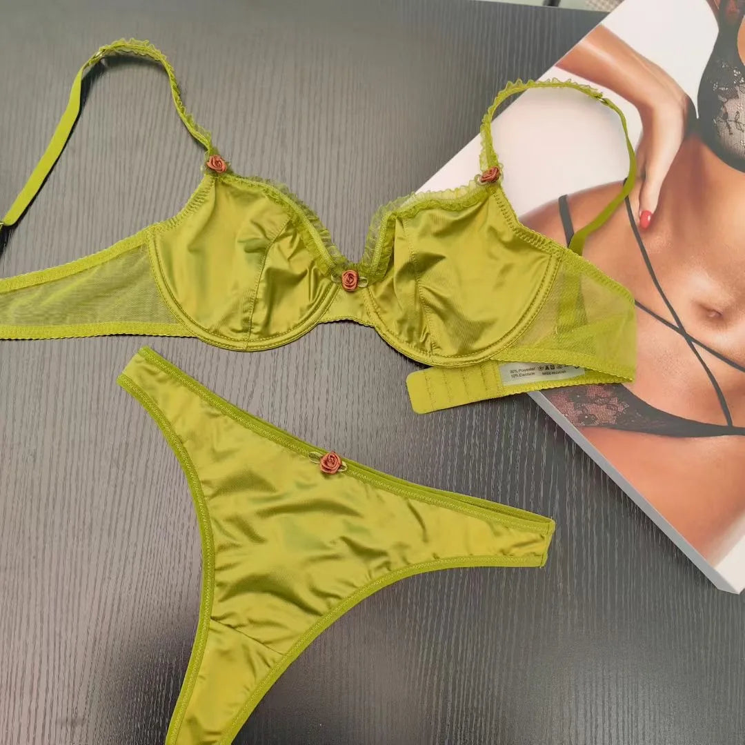 4 Color Fashion Women Lingerie Set Sexy Lace Ultra Thin Comfort Bra French Silk Satin Underwear Bralette Ladies Bras and Thongs