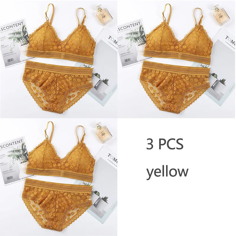 3 Piece Set Bra Sexy Lace Beauty Back Suit Underwear Gather Seamless Women's Underwear Panties Comfortable Lingerie