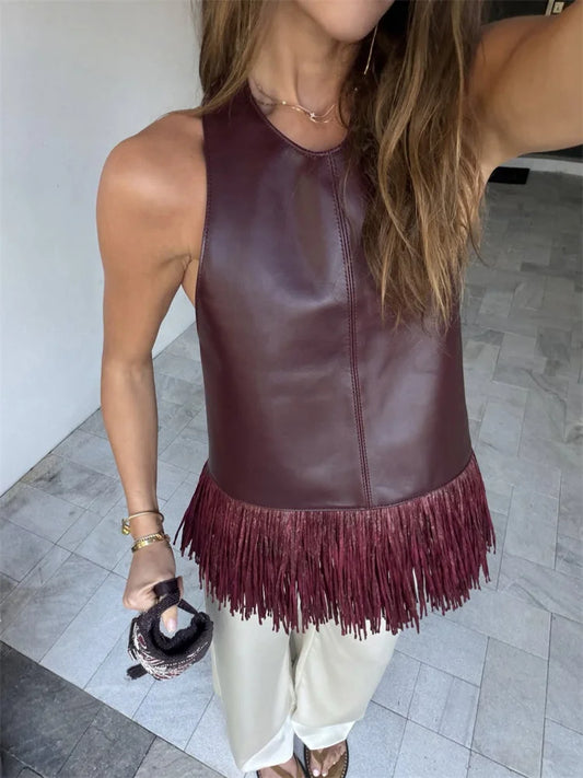Tossy Female Tassel Backless PU Tank Top Sexy Patchwork Slim Summer 2026 New High Waist Commute Top Women's PU Leather Top Vest