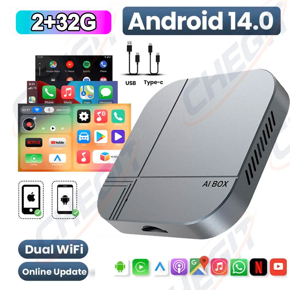 Android Smart AI Box 4G+64G/2G+32G Wireless CarPlay Android Auto TV Box For Youtube Netflix For VW Nissan Toyota Hyundai Ford