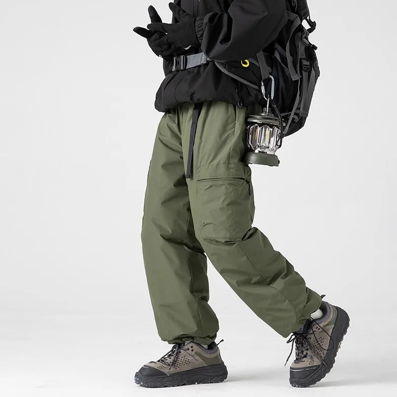 Thickened Warm Duck down Casual Pants Men's Winter Climbing Long Trousers Fashionable Loose Fit Straight Leg Multi Pocket