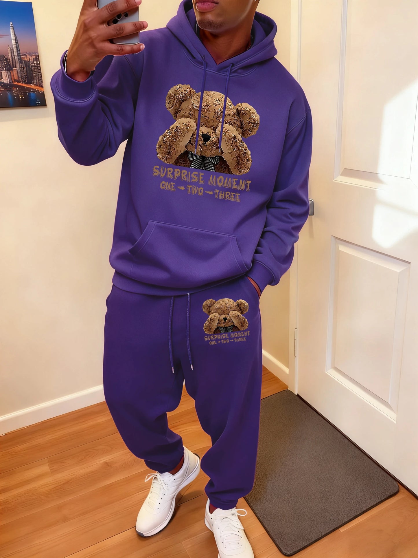 Surprise Moment Teddy Bear Print Soft Hoodie Set Man Sport Pocket Tracksuit All-Match Casual Sweatpants Autumn Fleece Long Pant