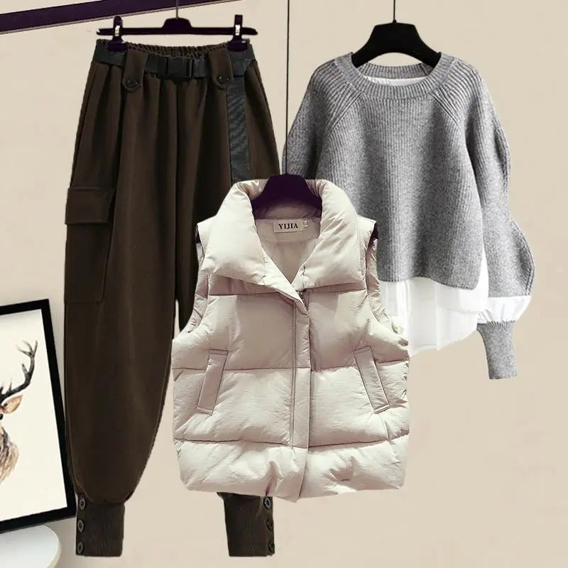 plus Size Autumn Professional Knitted Three Piece Set Slimming Cotton Vest Sweater Workwear Pants for Women Casual Style
