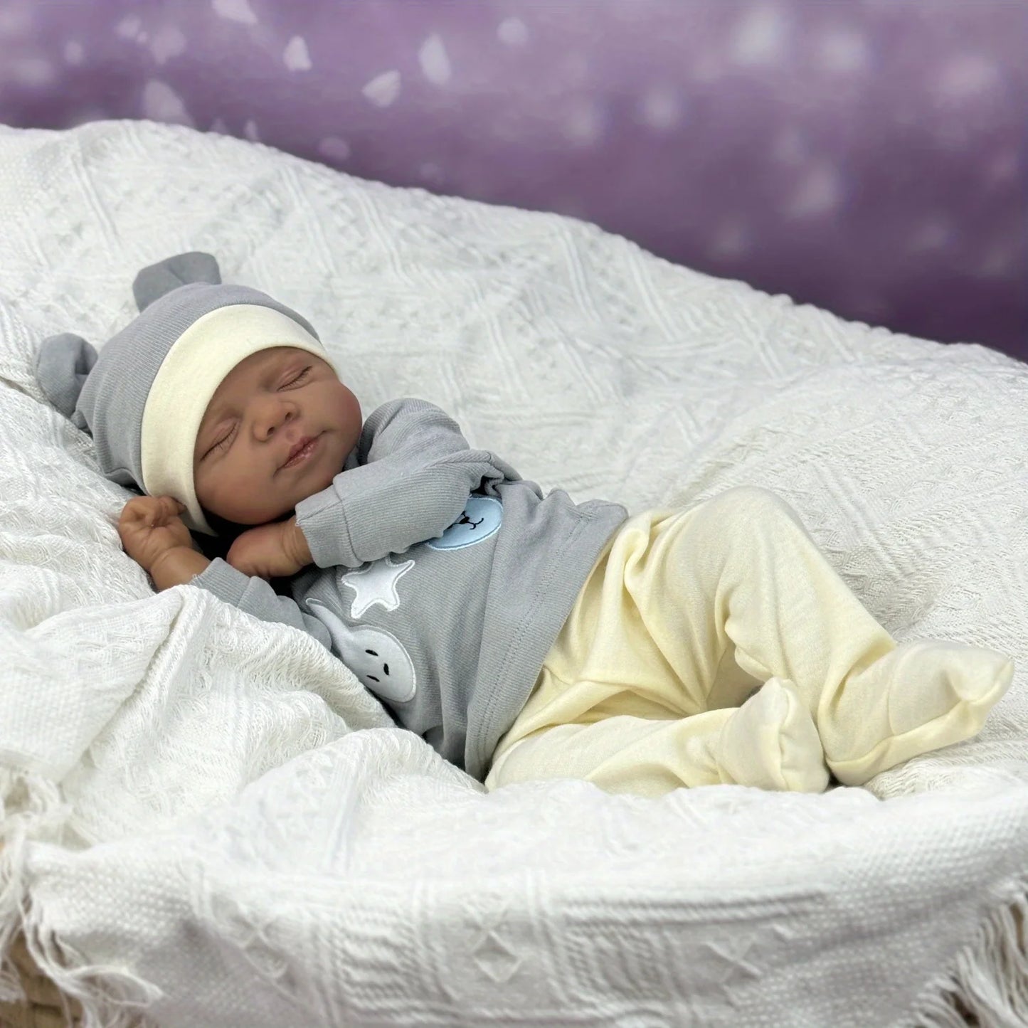 AONPENG 45cm 18inch Smiling Asleep Reborn Doll, Black Skin, Vinyl Limbs & Cloth Body, Handmade Collectible Birthday Gift