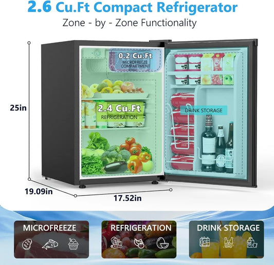 2.6 Cu.Ft Mini Fridge with Freezer, Single-Door Compact Refrigerator, 7 Temp Settings, 2 Shelves, for Bedroom Office Kitchen Dorm, Black