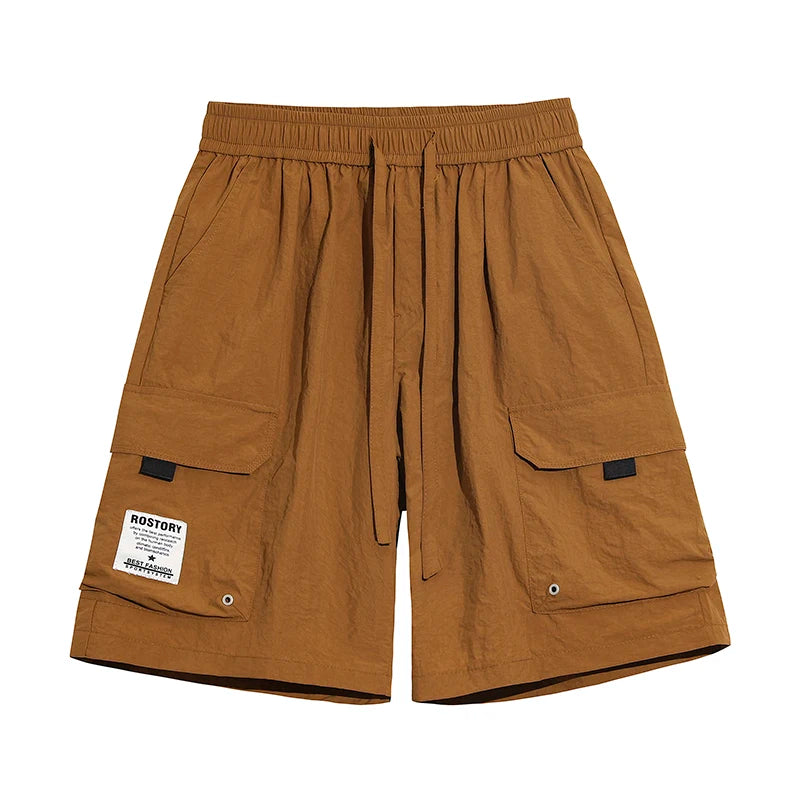 Men's High Street Cargo Shorts Lightweight Breathable Solid Color Drawstring Waist Big Pockets Shorts Casual Summer Short Pants