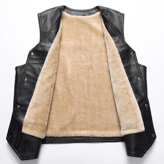 2024 Winter Men Thick Warm Fleece Leather Vest Coat Male V-Neck Single Breasted Vest Casual Male Clothing Outerwear