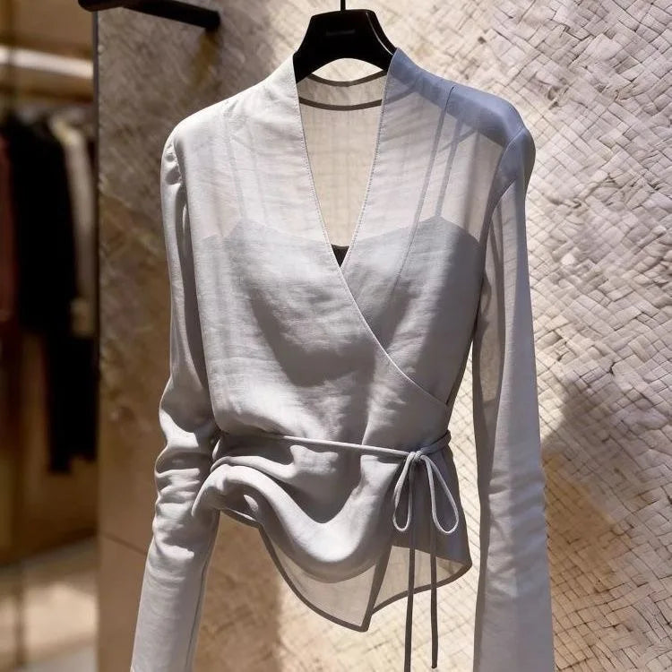 Gray Long Sleeve V-Neck Tulle Women's Shirt Design Sense Small Audience Fashionable Belted Top Commute Style Polyester