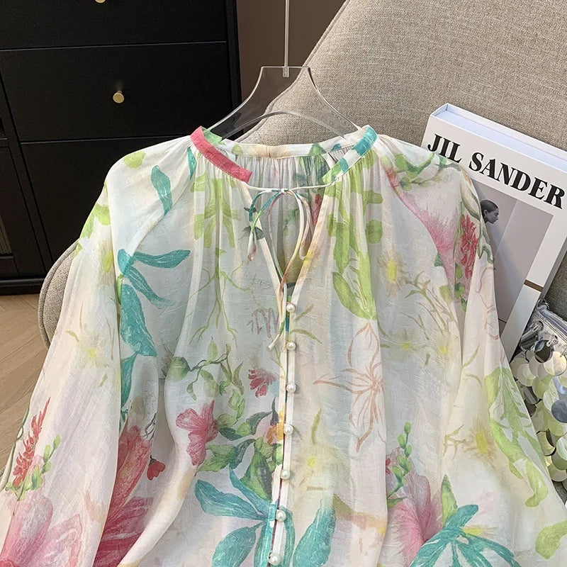 Casual Cotton Linen Fashion Set Women Loose Versatile Belted Sun Protection Shirt Shorts Superb Floral Colors High Quality