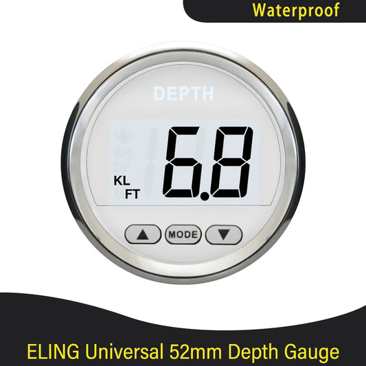 Marine 52mm Digital Depth Gauge Indicator with Transducer and White Backlight for Yachts Fishing Boats Universal 12V