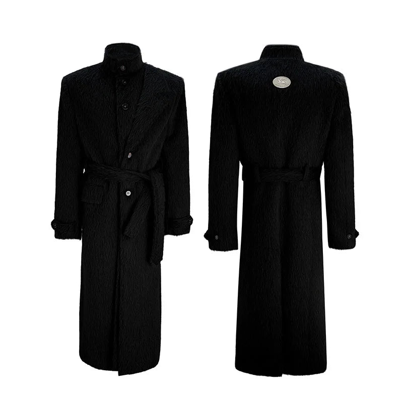 LUZHEN 2025 Winter New Solid Color Belt Tie Up Waist Knee-length Windbreaker Coat Men's Fashion Elegant Handsome Trench JY5451