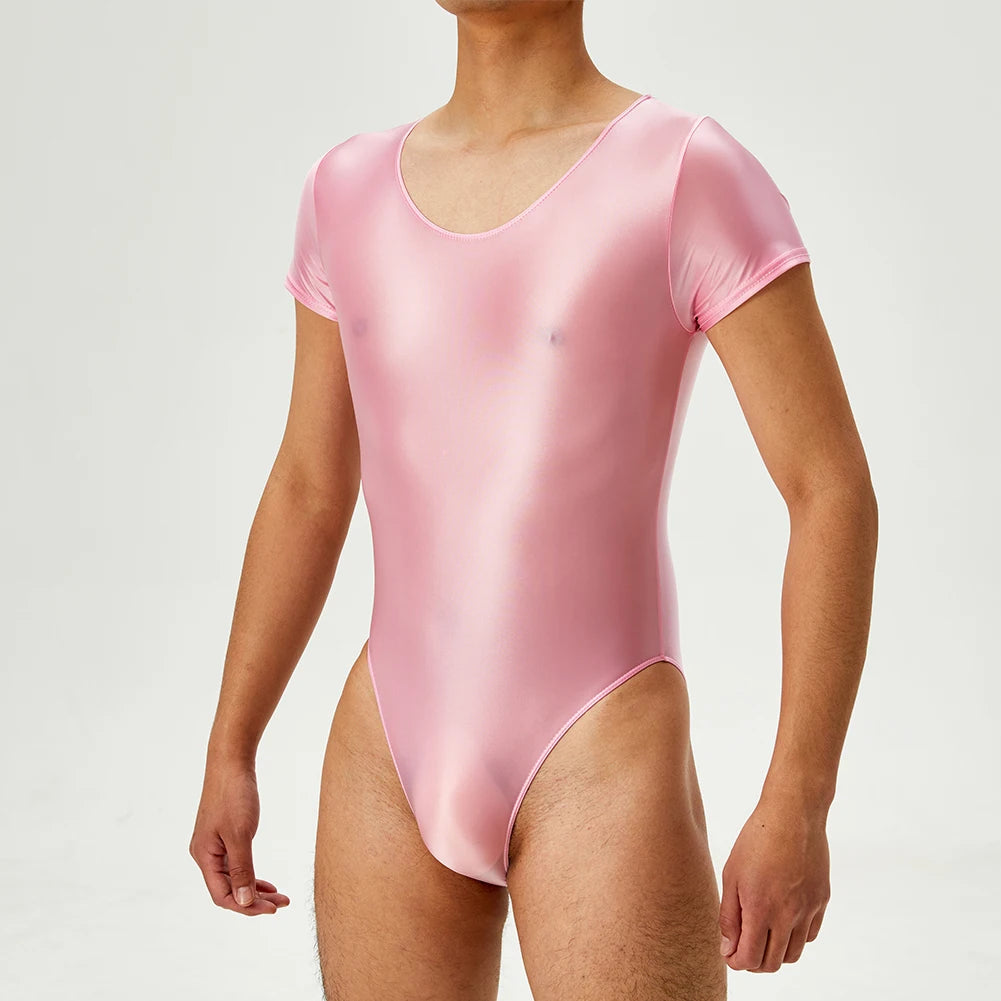 Men's Bodysuit Short Sleeve Oil Shiny High Cut Shapers Leotard Elastic Man Women Sexy Lingerie Jumpsuit Underwear