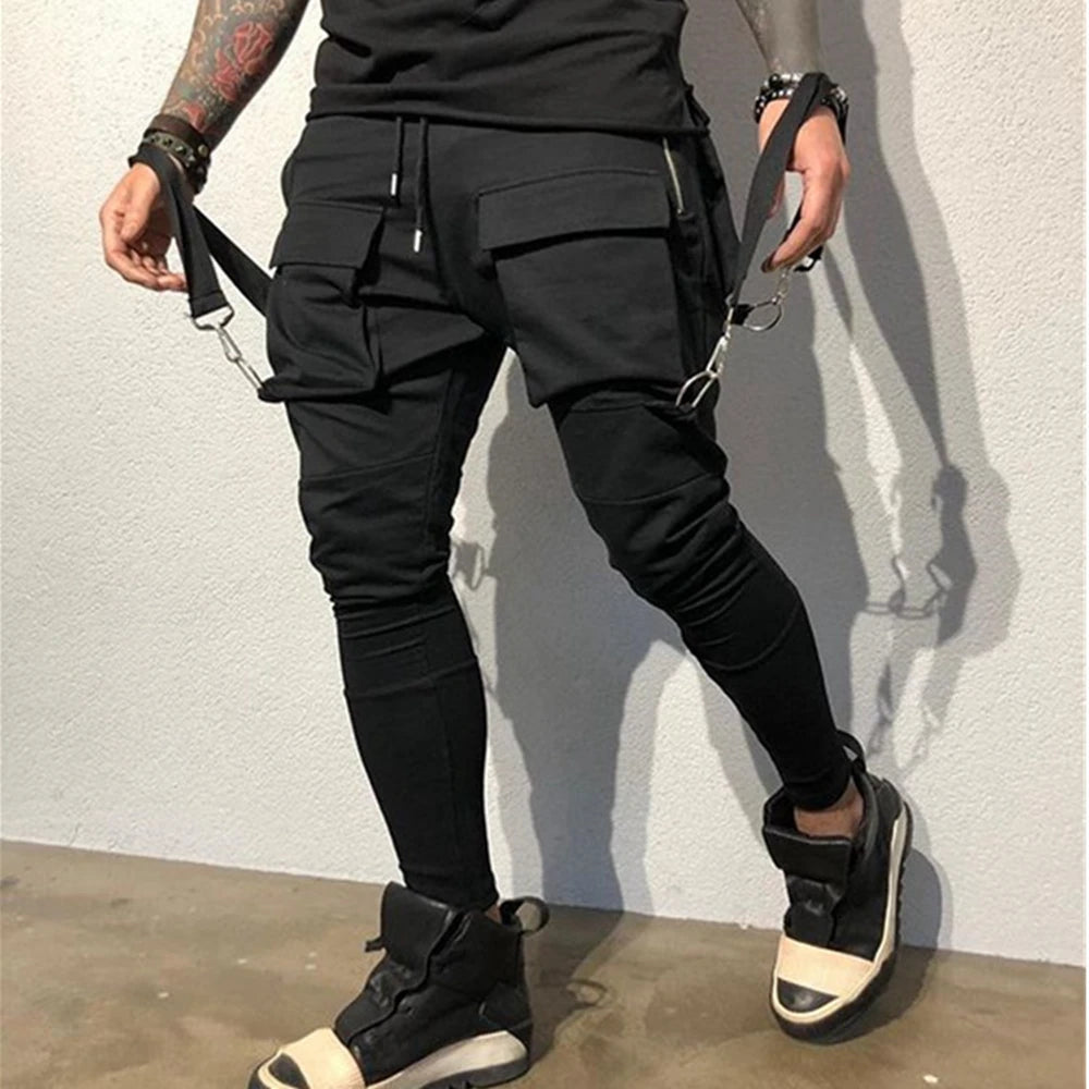 Mens Running Stretch Tights Sweatpants Sports Breathable Fitness Hip Hop Cotton Multi Pocket Cargo Pants Slim Leggings Chain