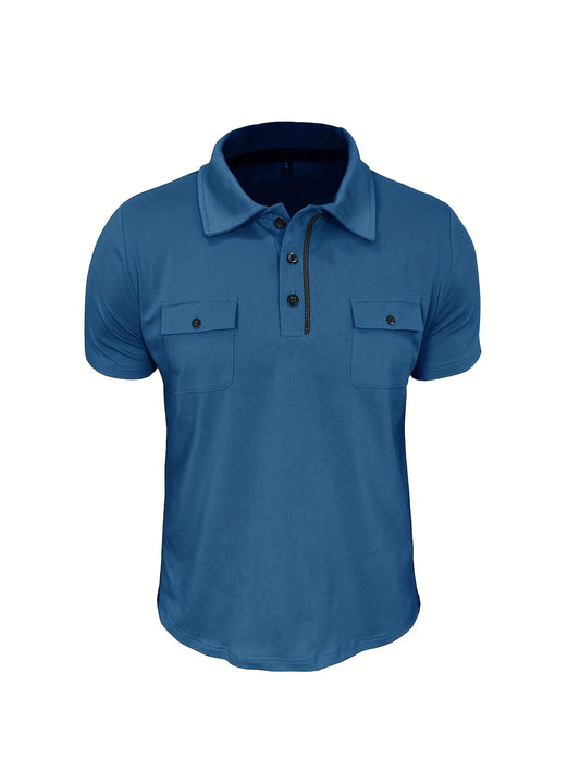 Summer Men's Short-Sleeve Polo Shirt Casual Solid Color Turn-Down Collar T-Shirt Pullover Top Henley Shirt with Pockets