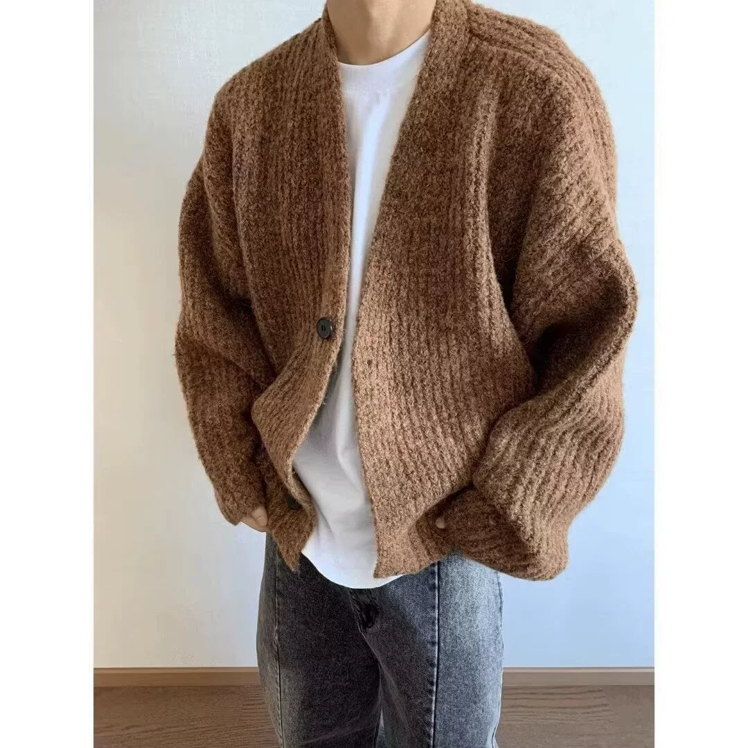 Fashion Autumn Winter Retro Loose Heavy-Weight Mixed-Color Short Wide Thick Thread Knitted Sweaters Cardigans Warm Jackets Men's