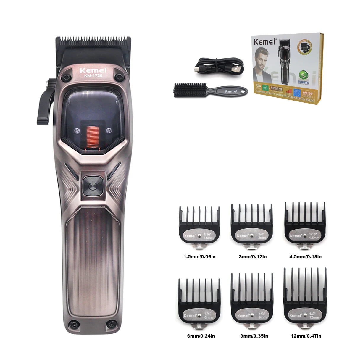 KEMEI KM-1726 Professional Hair Clipper for Men with DLC Blade 10000RPM Magnetic Vector Motor Men's Haircut Machine Barber Shop