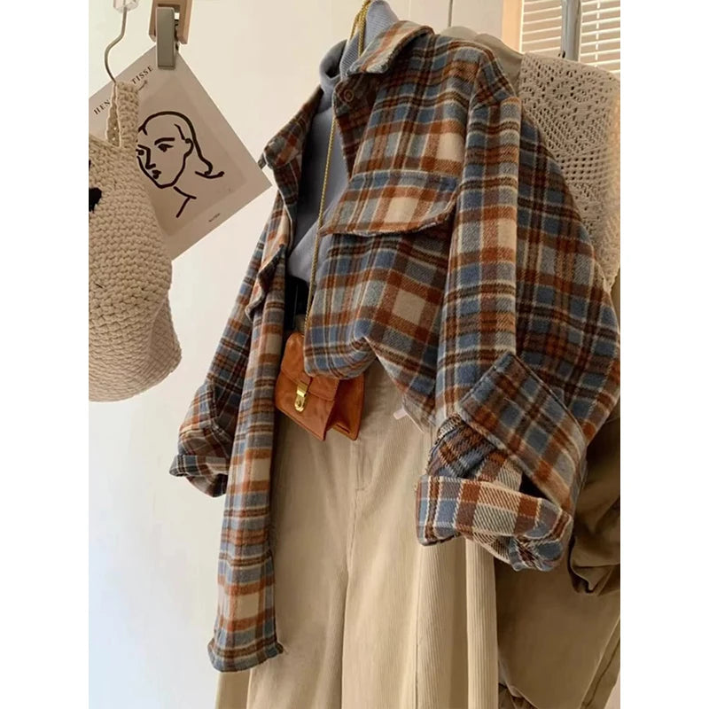 Retro Color Block Thickened Plaid Shirt Women's Loose Mid-Length Woolen Coat Spring Autumn Seasonal Korean Style Commute Wind