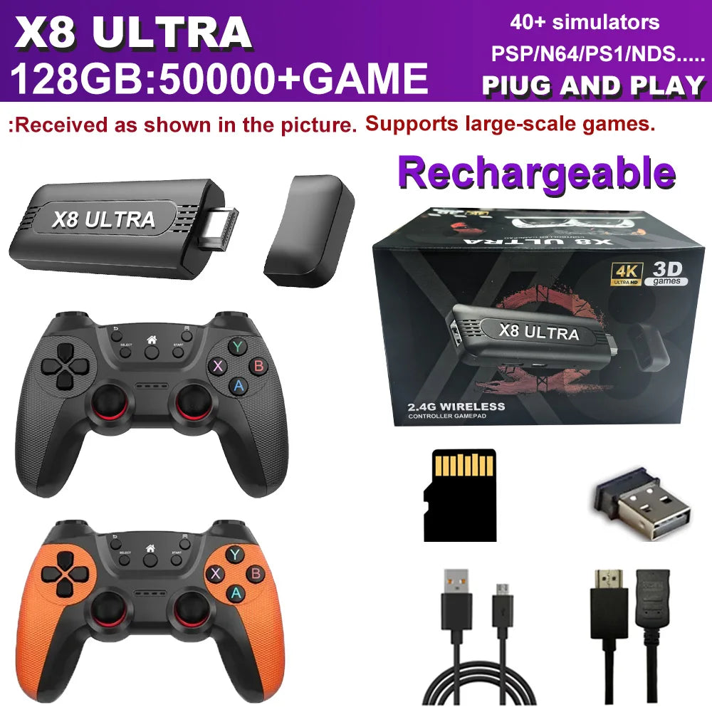 The X8 ULTRA retro video game console comes pre-installed with 50,000 games and plug-and-play PS1/N64/PSP emulators.