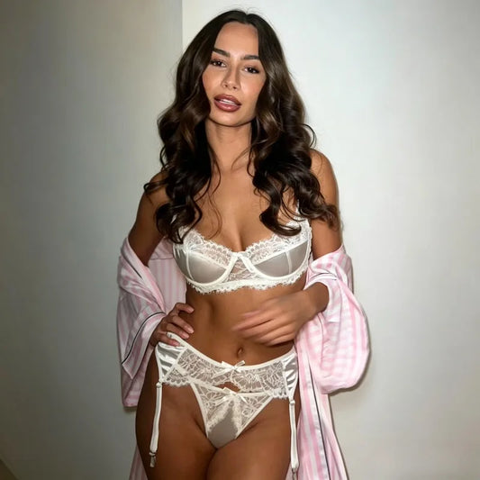 French Elegant Lace Womens Lingerie Sets Gorgeous Satin Patchwork Bra 5PC Pure White Wedding Soft Intimate Sexy Girls' Underwear