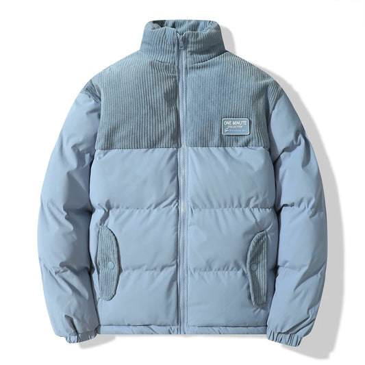 Corduroy Patchwork Embroidered Cotton Padded Jacket Men Winter Thicken Vintage Overcoat Tops Warm Parkas Stand Collar Loose Coat