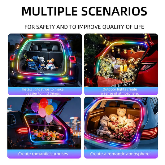 4M Car Trunk LED Strip Light RGB Rainbow Dynamic Chasing Light Universal Auto Trunk Decoration Exterior Interior LED Light 12V