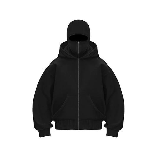 Unisex Double Hooded Fleece Sweatshirt Men Balaclava Hoodie Half Zip Warm Outfit Fall Winter Men Clothing Double Layered Hoodie