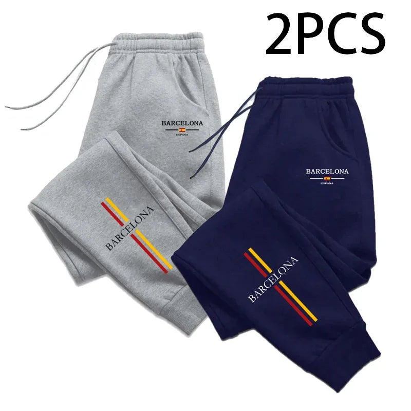 2pcs of 1 Pack Men's Sweatpants Barcenola Print Casual Sporty Jogger Pants Fall Winter Home Outdoor Comfort Warm Trousers 2 in 1