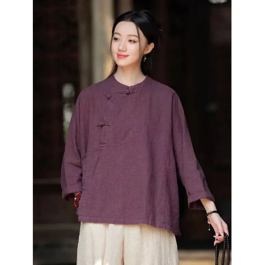 plus Size Women's Cotton Linen Shirt Spring Autumn New Style Zen Clothing Stand Collar Button up Outerwear Fashionable Commut...