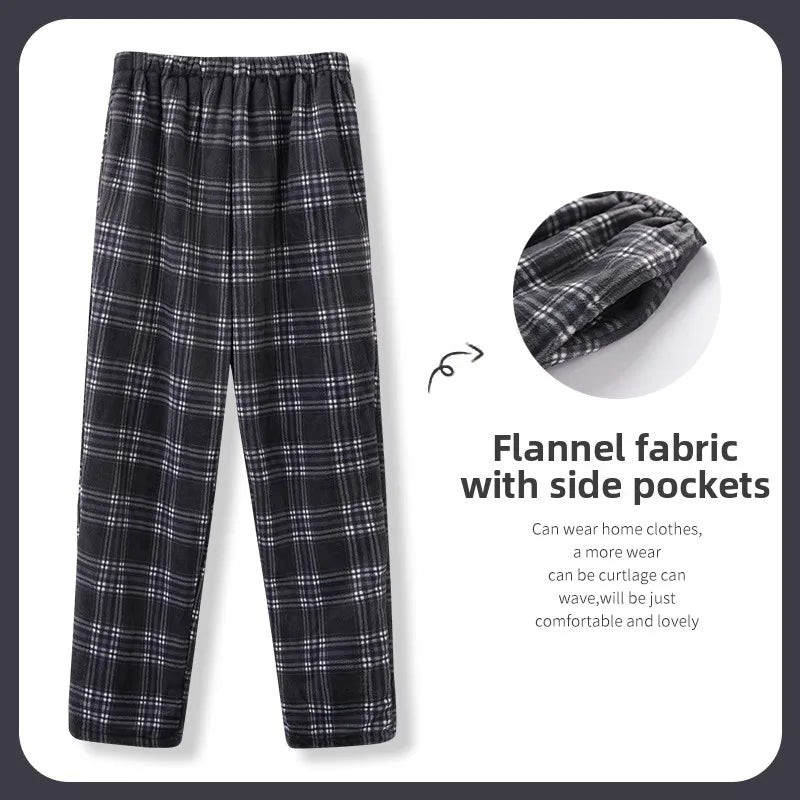Men's Winter Thickened Fleece Coral Velvet Home Clothes Pants Plaid Patterned Home Pants Warm Comfortable mid Waist Elastic