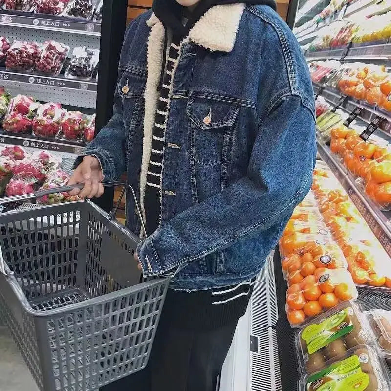 Lamb Velvet Thickened Loose Collar Denim Jacket Men's Autumn Winter Fashionable Workwear Cotton Coat Youthful Energy Style
