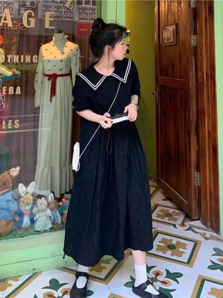plus Size 300 Pounds Nautical Collar Dress Women's Loose over Knee Long Dress Conceal Meat Slimming College Style Color