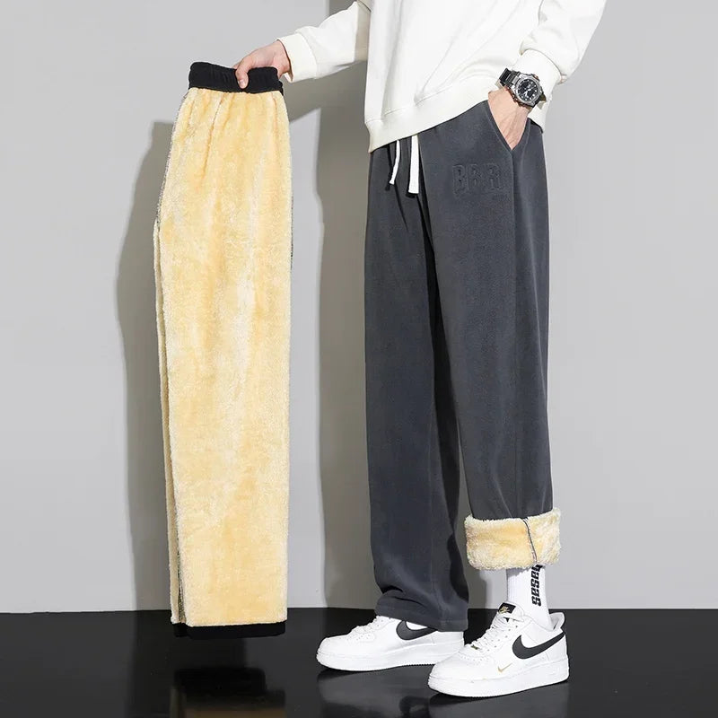 Winter Velvet Lining Trousers Men Outdoor Jogger Sweatpants Neutral Solid Color Baggy Thickened Winter Fleece Loose Cargo Pants