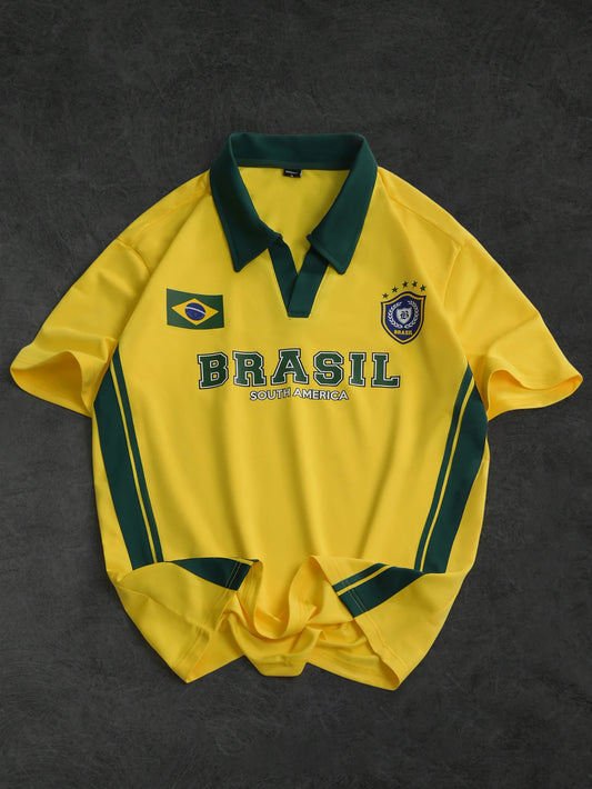 Men's Oversized Retro Brazil Soccer Jersey Polo Shirt Vintage Street Sport Y2K 100 % Polyester Yellow Green S-2XL