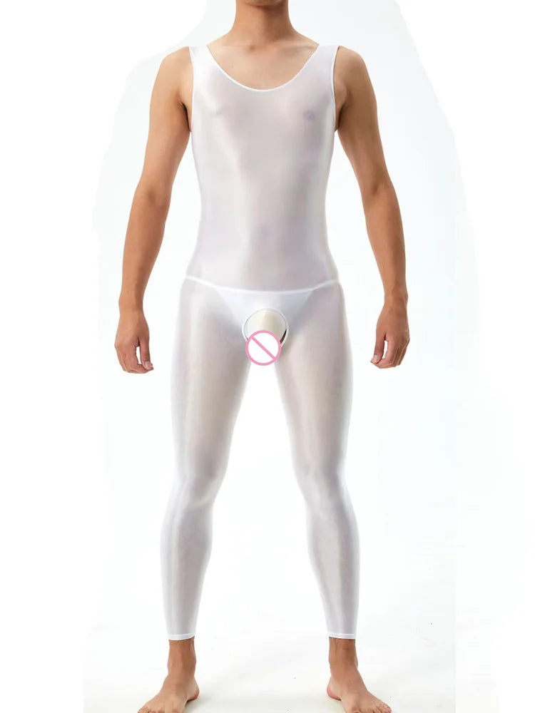 Sexy Crotchless Satin Oil Glossy Shiny Bodysuit Sheer See Through Yoga Tights Elastic Shaping Leotard Jumpsuit Candy Color