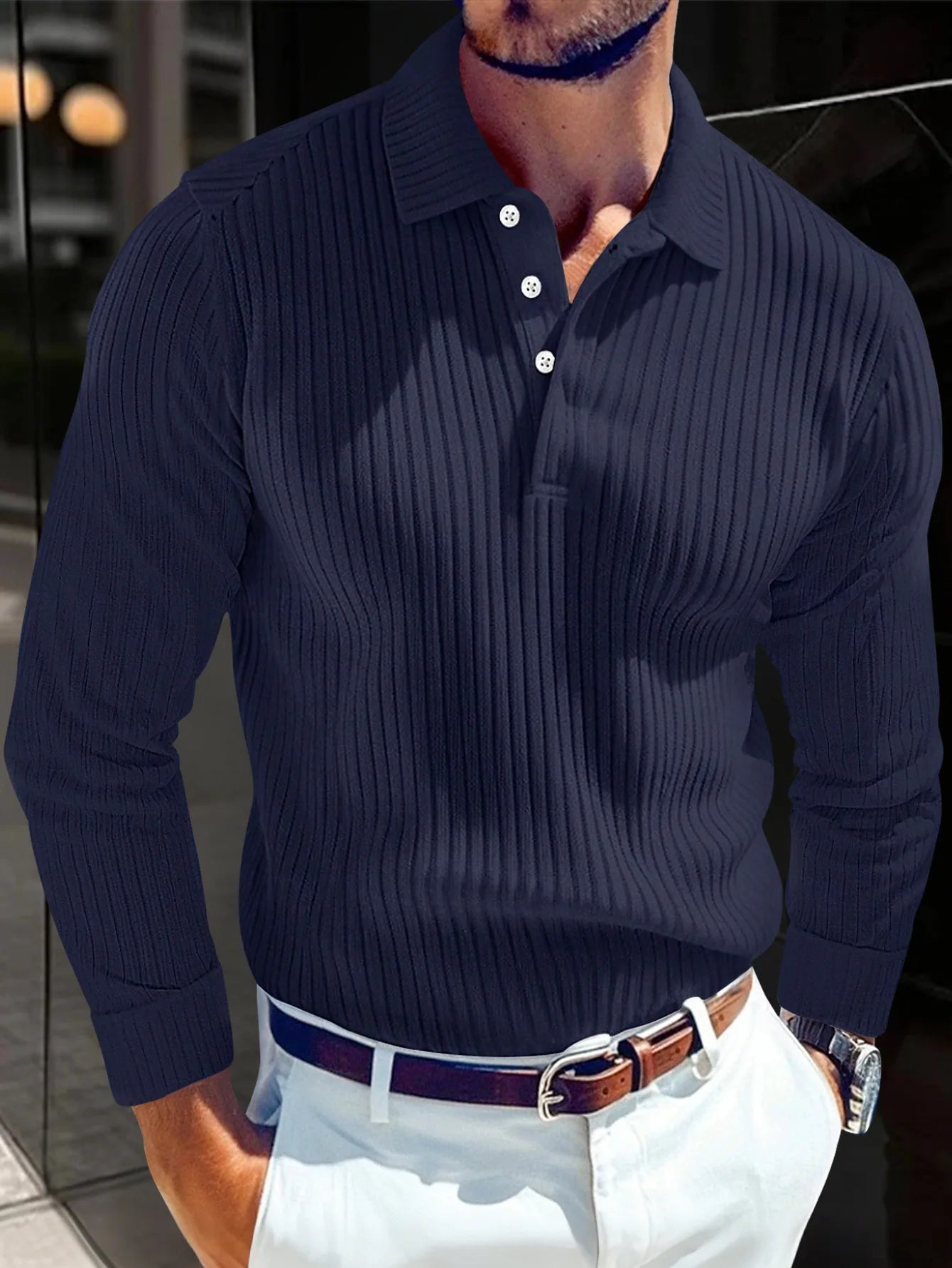 Slim‑Fit Long‑Sleeve Knit Collar Polo Shirt for Men, European & American Style, Business Design with Buttons & Zipper