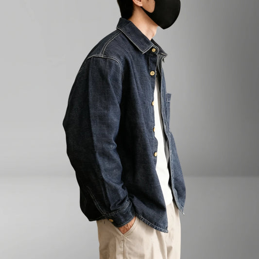 Mens Japanese Vintage High Quality Denim Shirt Heavyweight Washed Blue Oversized Casual Long Sleeve Workwear Streetwear Trendy