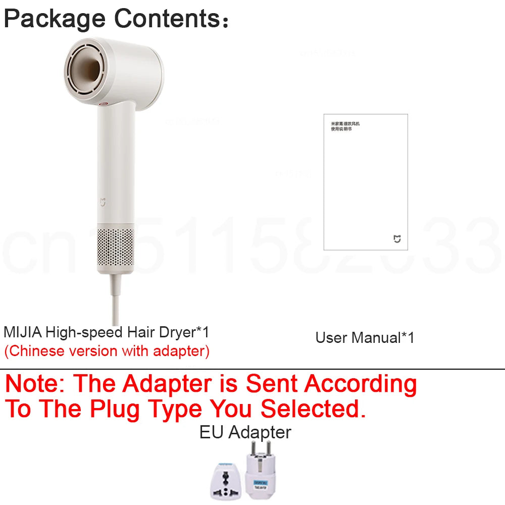 New MIJIA High-Speed Hair Dryer,110000rpm,62m/s Powerful airflow,8 Airflow Mode,347g 4 Color,CN Version With Adapter 220V