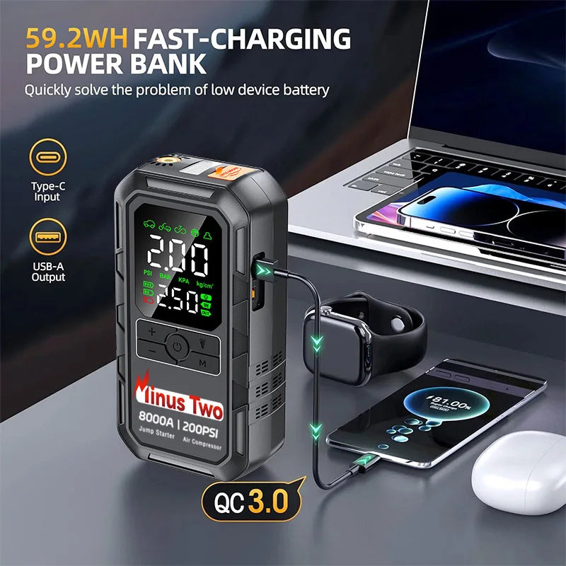Jump Starter with Air Compressor 8000A Portable Car Battery Booster (7.5 Gas/6L Diesel) with 160PSI Auto-Shutoff Tire Inflator