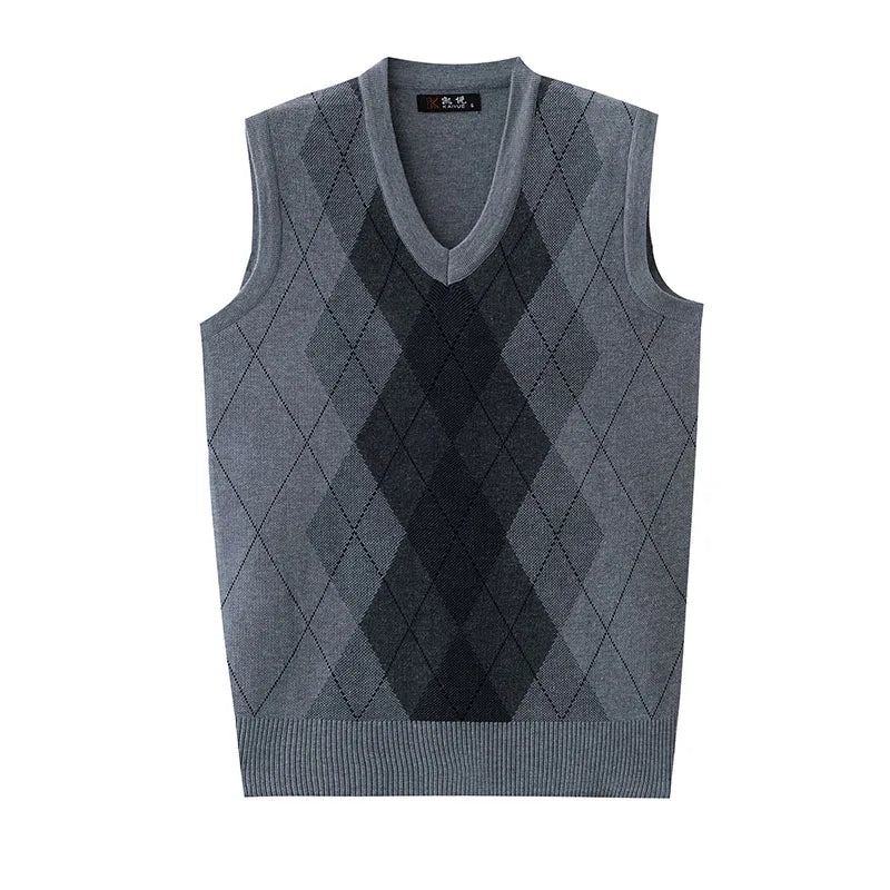 Thickened Casual Sweater Tank Top for Men Vintage Argyle Check Knitting Vest Man Autumn Winter Out Wear Sleeveless Sweaters