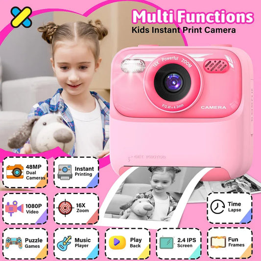Upgrade Kids Camera Instant 1080P HD Dual Lens Selfie Digital Camera for Girls Boys Christmas Birthday Gifts Toys With 32G Print