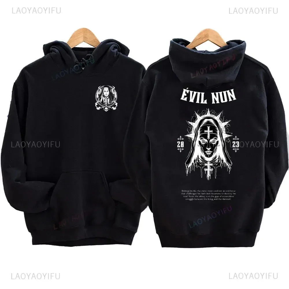 The Bad Nun Satan Street Hip-Hop Nun Print Fleece Sweater Harajuku Autumn and Winter Casual Long-sleeved Antisocial Men Hoodie