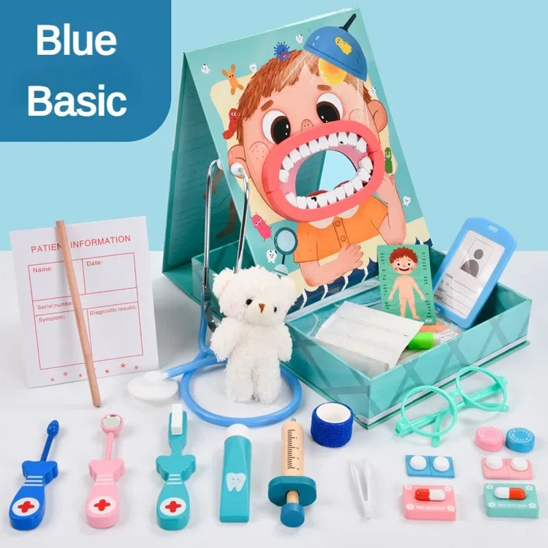 Wooden Pretend Play Dentist Educational Toys for Children Simulation Doctor Check Brush Teeth Medicine Set Role Playing Games