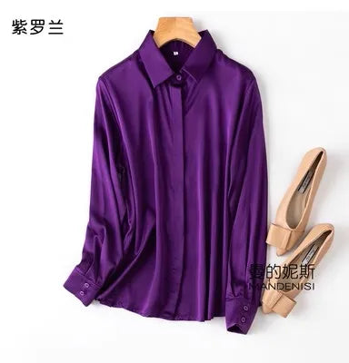 Luxury Satin silk shirt women's long sleeve 93% mulberry silk shirt commuter office lady style for Spring/Summer