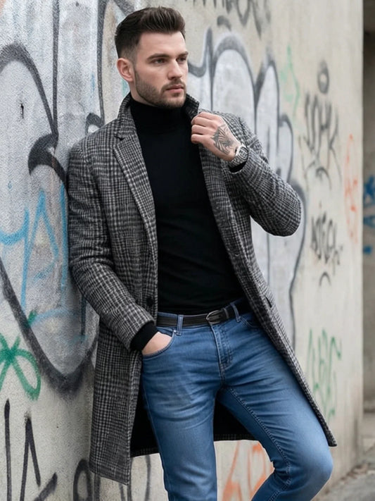 New Arrival Men's Checkered Woolen Overcoat Single Breasted Thickened With Lining Winter Commuting Outdoor Style Streetwear