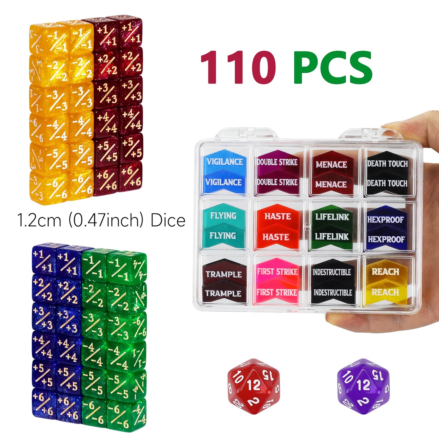 110PCS MTG Dice Tokens Set Keyword Counters +1/+1 & -1/-1 Counters 2xD20 Life Trackers, 12mm Size with Storage Box, Compatible